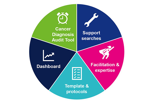 Pie chart graphic with five equal slices. Each slice contains the name of a component of the cancer toolkit. They are: Cancer Diagnosis Audit Tool, Support searches, Dashboard, Template and protocols, Facilitation and expertise.