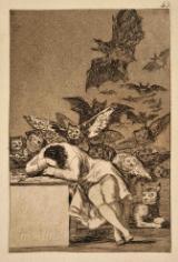 Engraving of a man sleeping with his arms resting on a desk while cats, owls and bats gather behind him