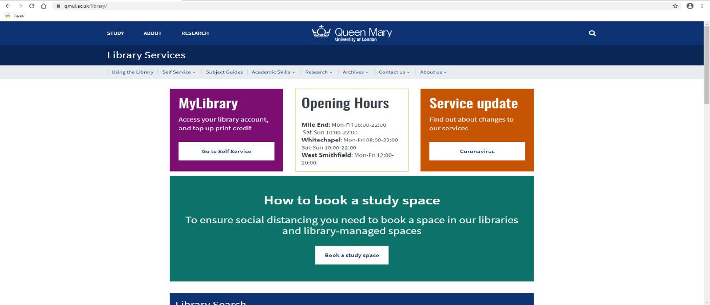 Library Homepage screenshot with book a study space