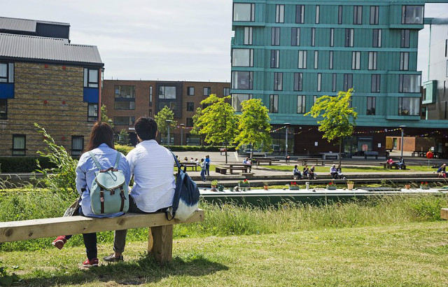 Students opposite Canalside on our Mile End campus