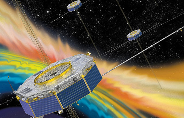 Illustration of the MMS spacecraft measuring the solar wind plasma in the interaction region with the Earth’s magnetic field. Credit: NASA