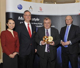 Queen Mary's Professor Laurie Cuthbert (centre) accepts the New Horizons award from Angus Barclay, General Manager Europe for Cathay Pacific (centre left) and Douglas Flint, Group Chairman of HSBC (centre right) at the Cathay Pacific China Business Awards