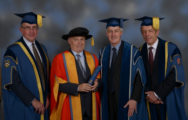 Sir Sam Everington with Sir Nicholas Montagu, Professor Richard Trembath, and President and Principal Simon Gaskell
