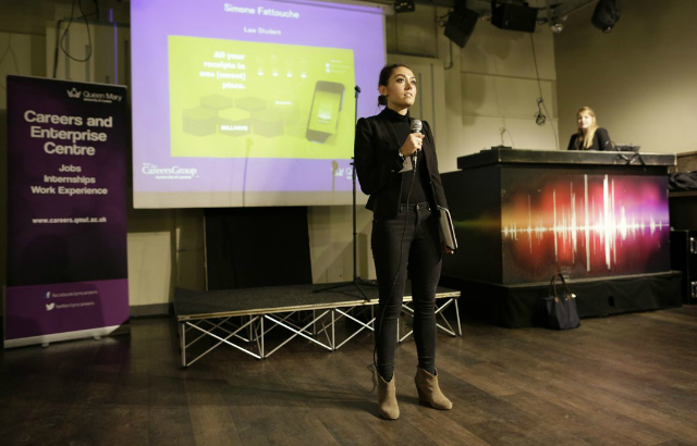Simone Fattouche speaking at a QMUL event