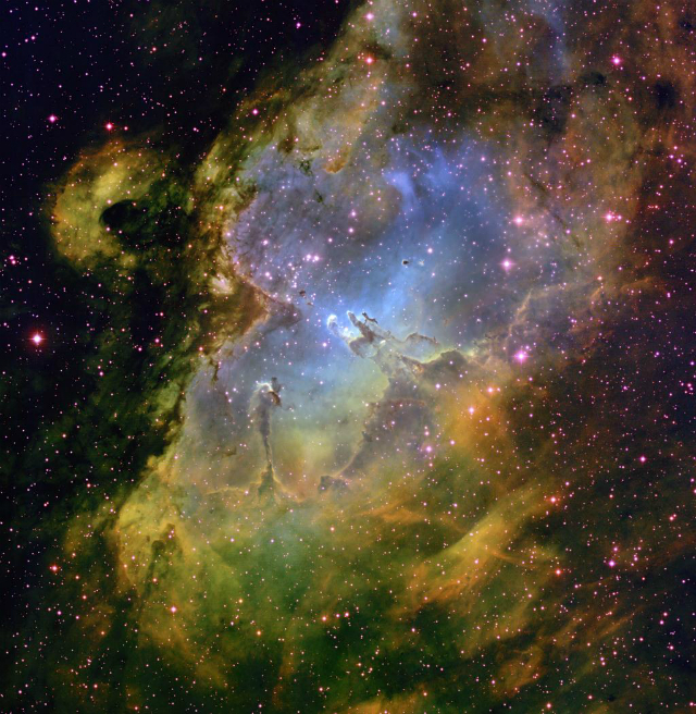 Most stars form in big stellar clusters. This image depicts a stellar cluster called M16 also known as The Eagle Nebula. Credit- T.A.Rector (NRAO/AUI/NSF and NOAO/AURA/NSF) and B.A.Wolpa (NOAO/AURA/NSF).