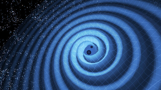 Spiral dance of black holes. Gravitational waves ripple outwards as two black holes spiral toward each other. LIGO / T. Pyle.