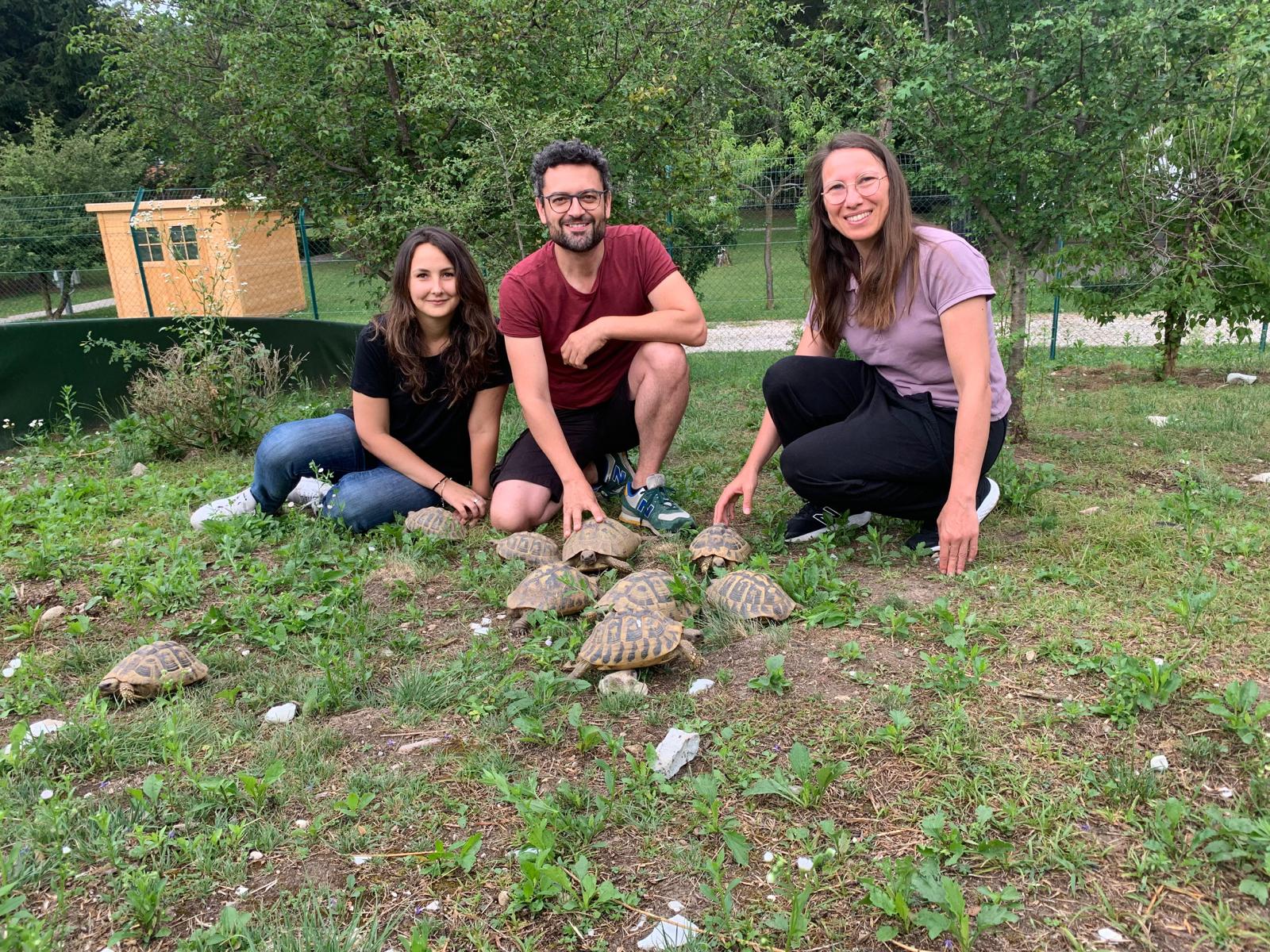 Maria Loconsole, Gionta Stancher and Elisabetta Versace with Testudo hermanni tortoises at the Speriment Area field station (Rovereto Civic Museum Foundation, Italy).