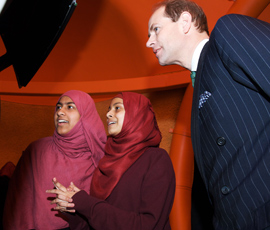 Prince Edward inside the 'pod' with pupils from Mulberry School for Girls