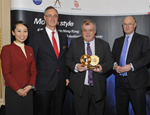 Queen Mary's Professor Laurie Cuthbert (centre) accepts the New Horizons award from Angus Barclay, General Manager Europe for Cathay Pacific (centre left) and Douglas Flint, Group Chairman of HSBC (centre right) at the Cathay Pacific China Business Awards