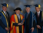 Sir Sam Everington with Sir Nicholas Montagu, Professor Richard Trembath, and President and Principal Simon Gaskell