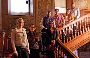 Research students on staircase, QMUL