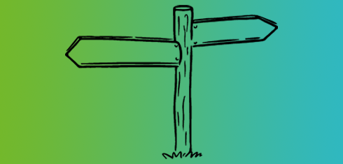 Line drawing of a signpost on a green and blue gradient
