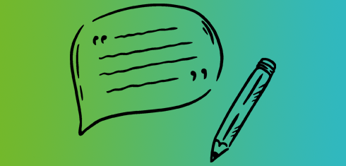 Line drawing of a speech bubble and a pencil on a green and blue gradient