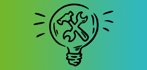 Line drawing of a lightbulb with some tools inside on a green and blue gradient background