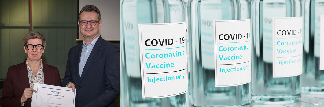 Professor Duncan Matthews receiving his award from Professor Frances Bowen next to an image of covid-19 vaccine vials