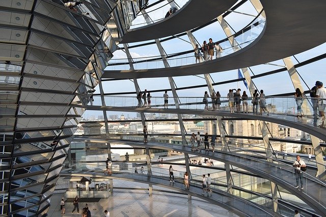 Inside the dome of the Berlin Reichstag building