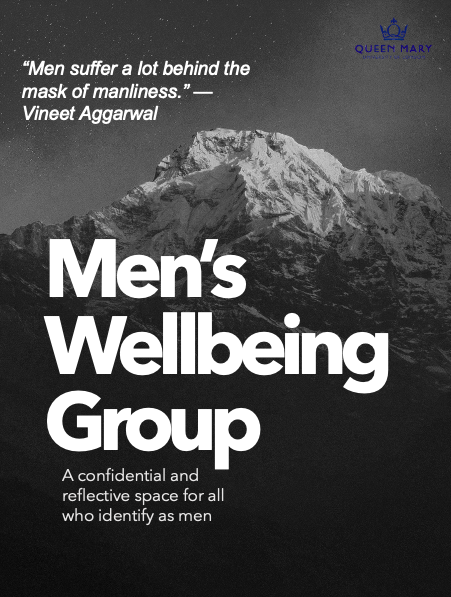A poster for mens wellbeing group in black and white with a mountain in the background
