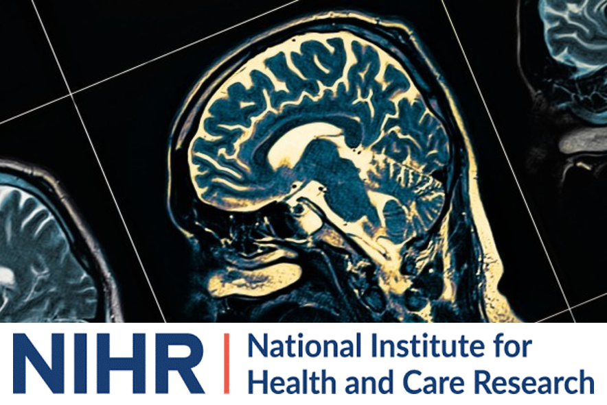 The logo of the National Institute for Health and Care Research, superimposed over an image of a brain scan