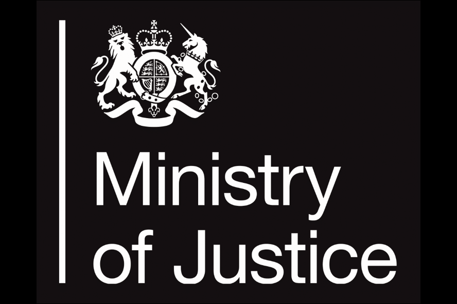 The logo of the Ministry of Justice, with a coat of arms and text in white, on a black background