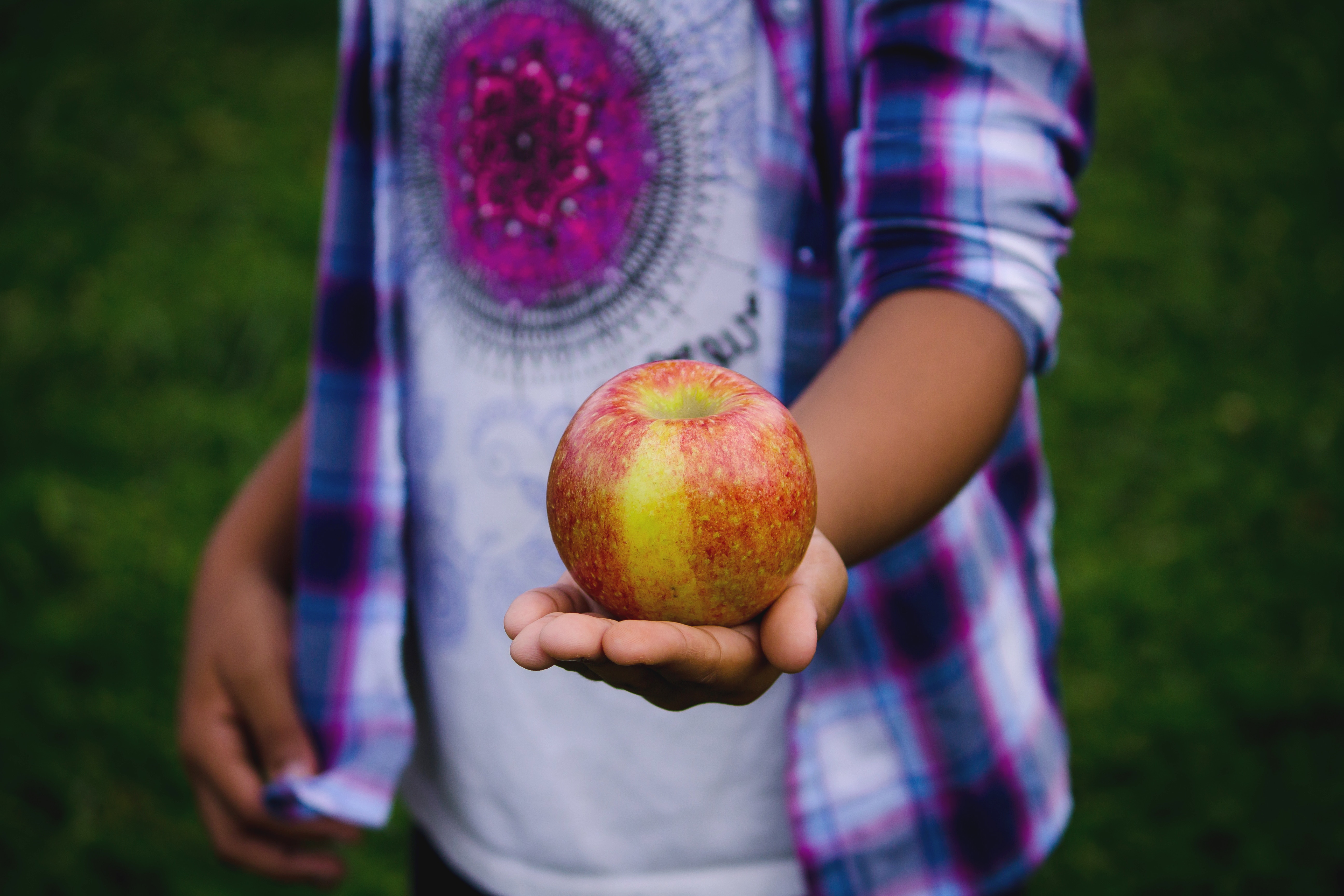 Child in lilac tie-dye t-shirt is holding an apple in their stretched out hand towards the camera
