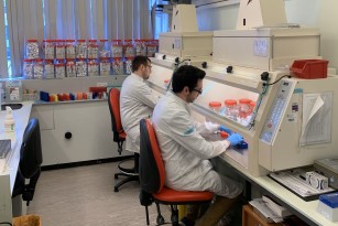 Postgraduate student Benjamin Johns and colleague at the Wales Specialist Virology Centre