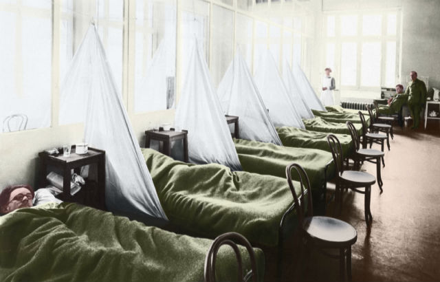 Patients in a hospital ward suffering from Spanish Flu