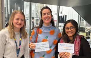 First-prize poster winner, Sanjana Ananth (right) and second-prize poster winners, Nicola Dark (left) and Federica Mossa (middle)