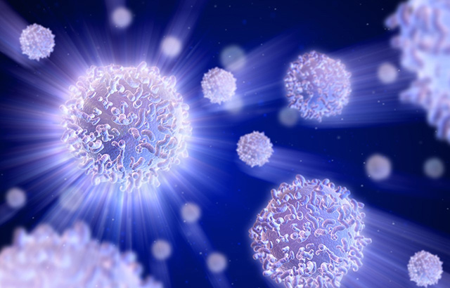 Digital graphics image of cells in white and blue