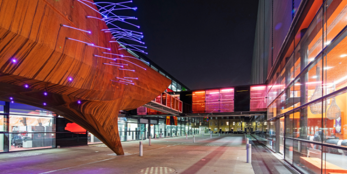 A shot of Neuron Pod at night