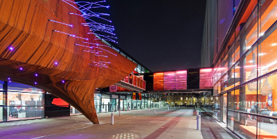 A shot of Neuron Pod at night