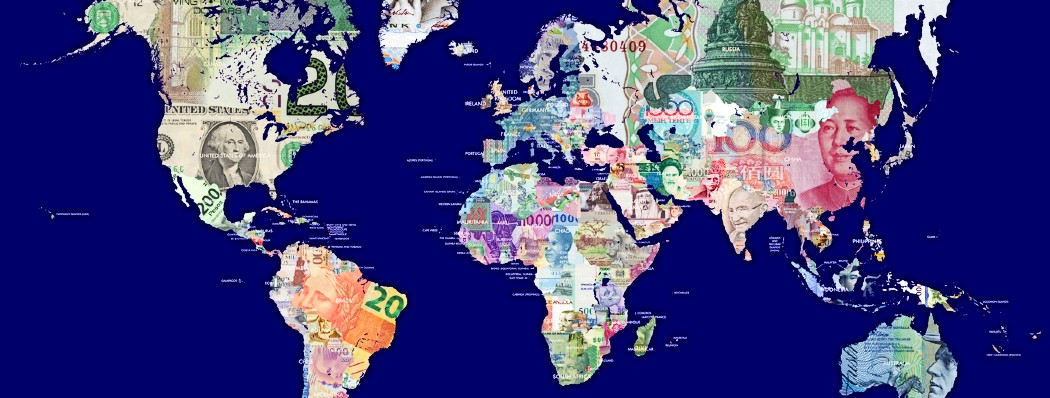 A map of the world made up of bank notes from different countries