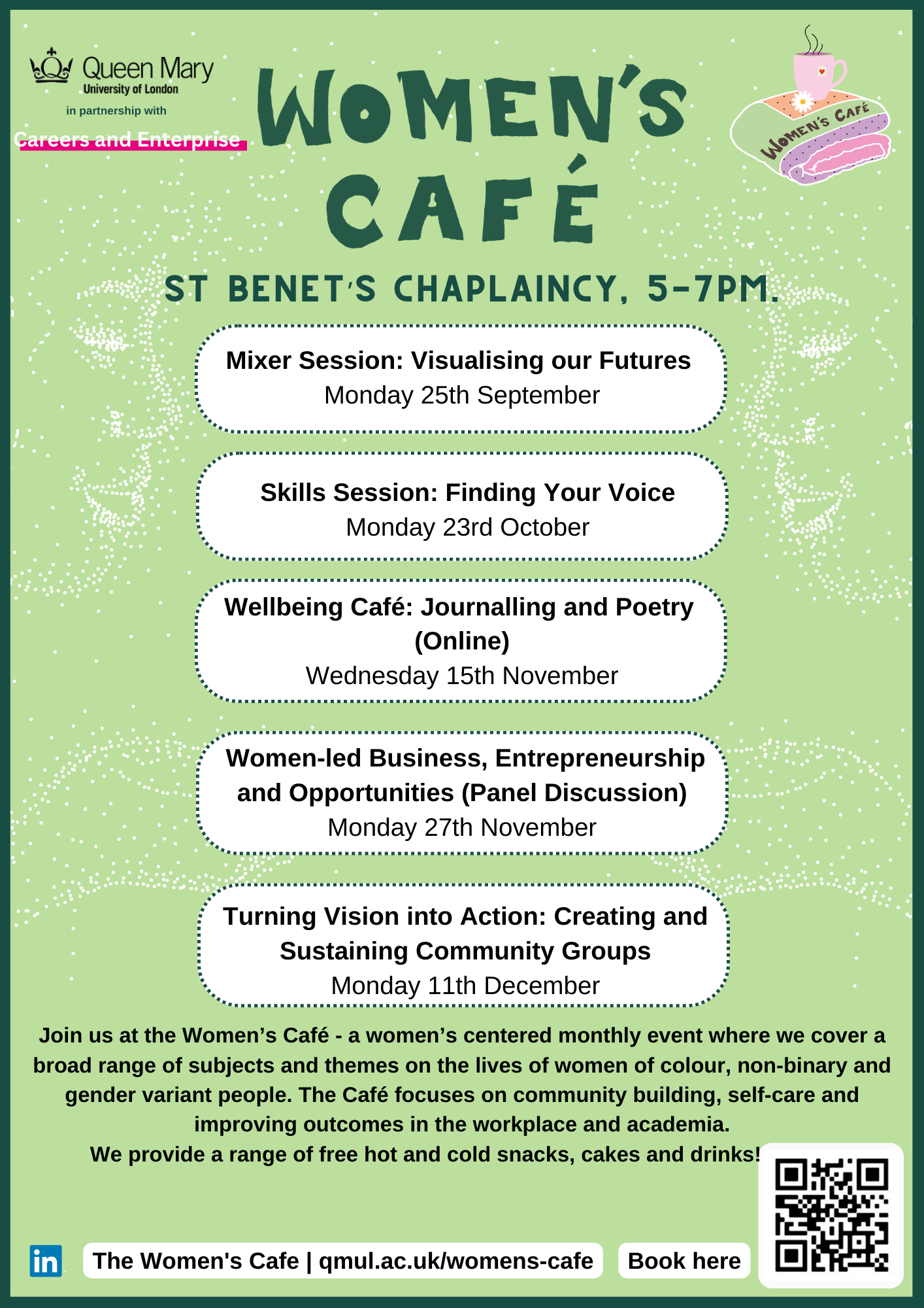 A poster showing the dates and times for different events run as part of the Breakthrough Women's Careers Café
