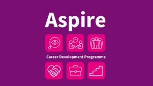 A purple background with 6 pink squares each with a different icon. White letters say 'Aspire: career development programme'