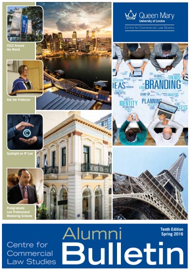 Front cover of the alumni bulletin 10 showing city images and people around a desk showing branding and planning terminology on a world map