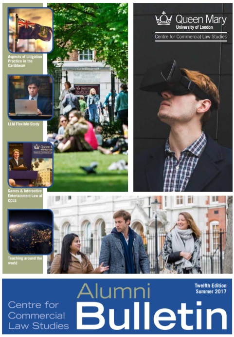 Front cover of alumni bulletin issue 12 showing a man wearing a VR headset and images of Lincoln's Inn Fields