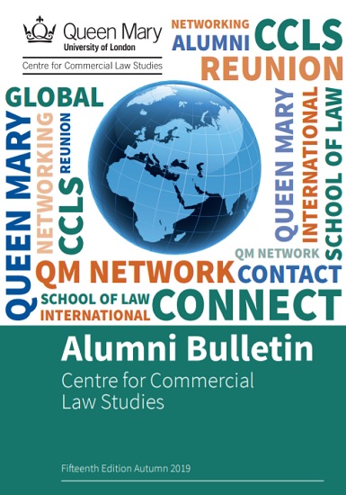 Front cover of bulletin issue 15 showing words associated with QMUL and CCLS alumni relations 