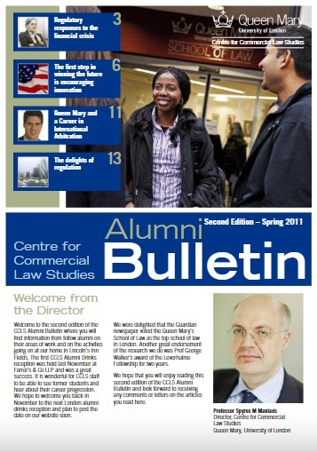 Front cover of the Spring 2011 Alumni Bulletin showing students in front of the QMUL School of Law building