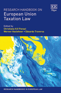 Front cover of Dr Christiana Panayi's Research Handbook on  EU Taxation Law, with blue and yellow swirls