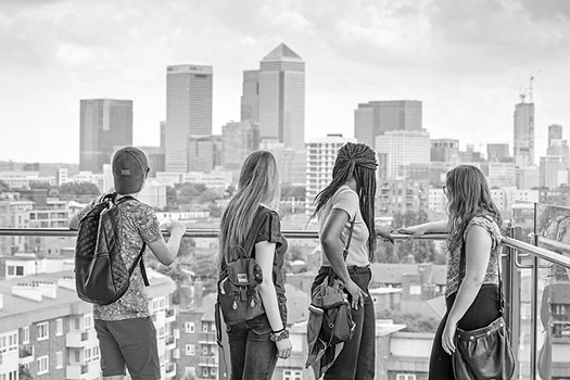 Queen Mary students looking out at Canary Warf