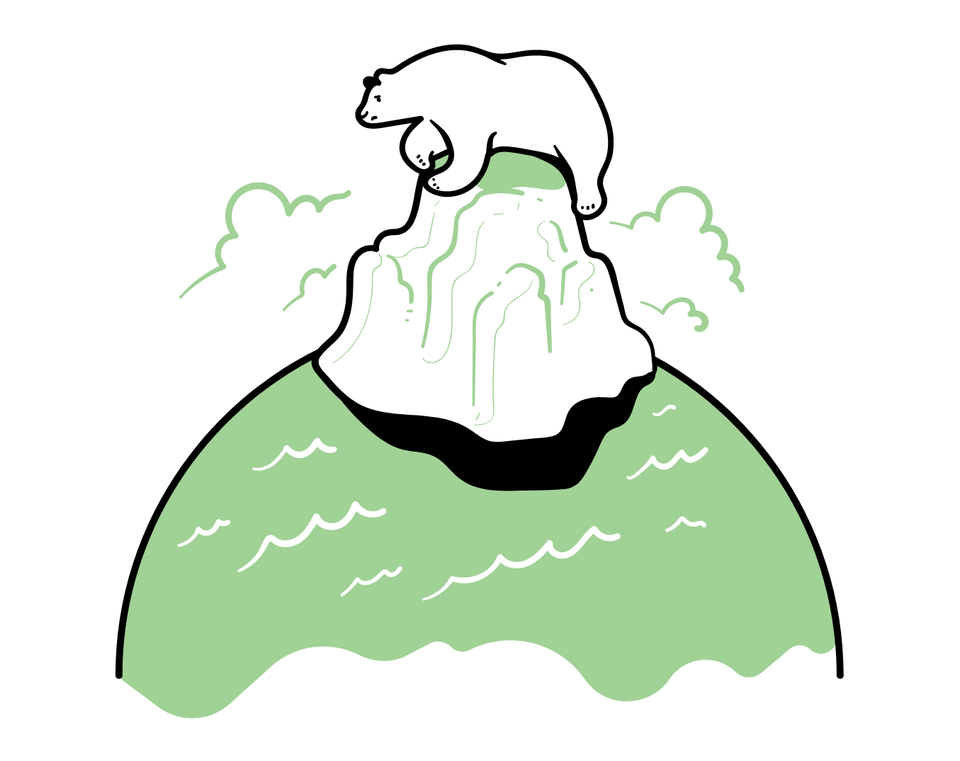 Cartoon polar bear sat on top of a mountain