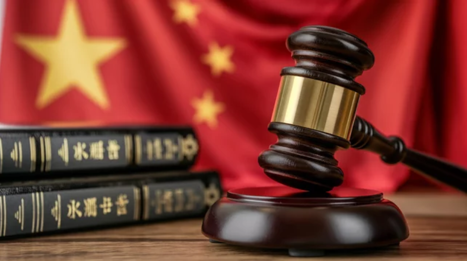 Gavel in front of Chinese flag