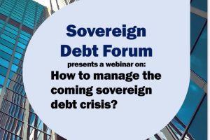 A glass front of an office building with a purple bubble over the image which reads 'Sovereign Debt Forum presents a webinar on: How to manage the coming sovereign debt crisis'