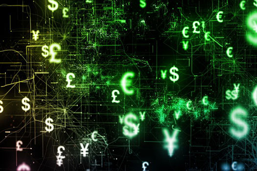 Lots of currency symbols in a neon green floating on a black background