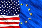 Image with half USA and half EU flags 