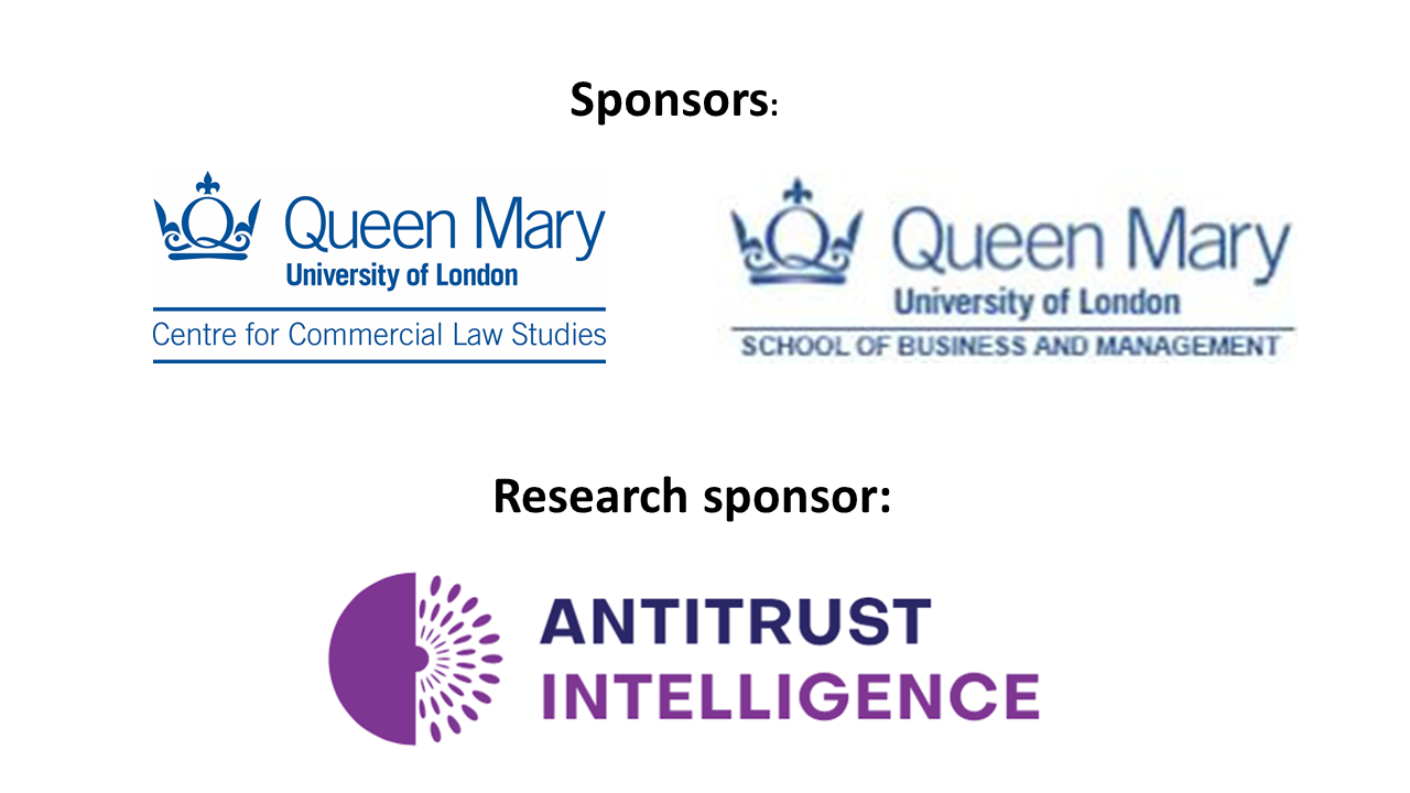 Logo collage with Queen Mary Centre for Commercial Law Studies, Queen Mary School of Business and Management and Antitrust Intelligence