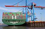 A cargo ship in a port below a crane