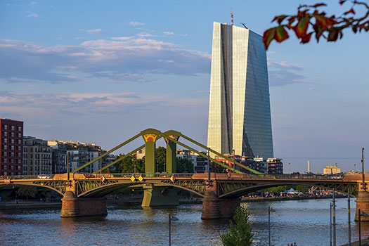 Image of Frankfurt's Green Bridge with the European Central Bank building in the background