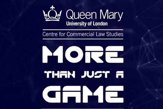 white Centre for Commercial Law Studies logo on top of the white More Than Just a Game logo on a blue background