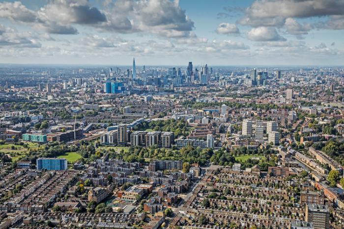 Aerial photograph showing a residential area of east London
