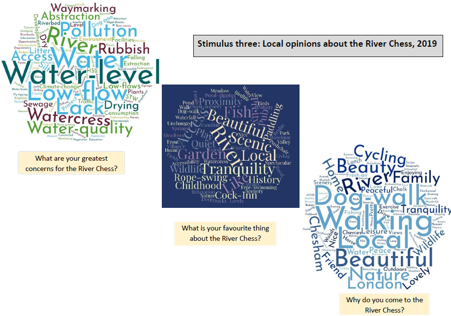 Thumbnail for a document containing word clouds of local stakeholders responses to questionnaire on the River Chess.